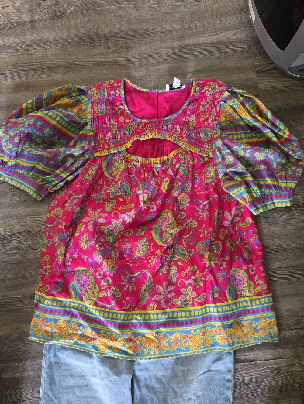 Current Air Hot Pink Floral Peasant Blouse with Multicolor Border